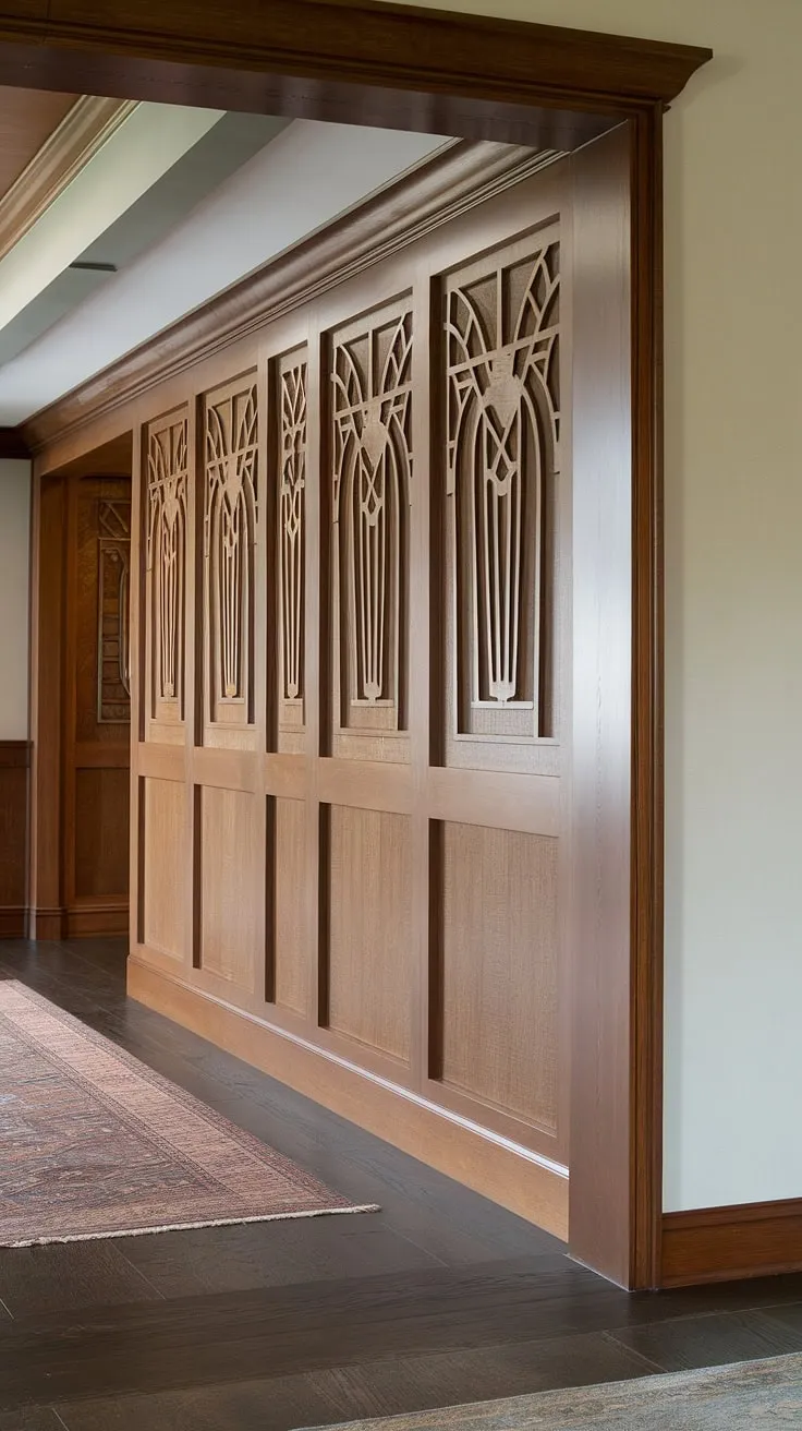 This foyer's captivating art deco wainscoting is a masterclass in decorative wall trim. The rich wood wainscoting, installed as a half panel wainscoting, creates a sophisticated lower half, perfectly complementing the high ceiling.  Consider this a showcase of wainscoting for hallways and foyers, offering endless wainscoting ideas for your own home.  The entryway wainscoting and high ceiling wainscoting work together to create a truly memorable entrance.