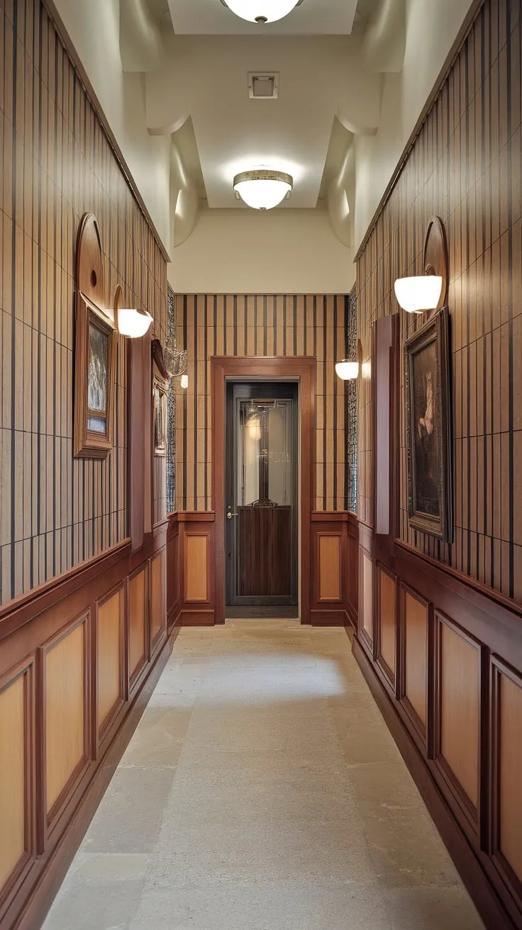 Step into timeless elegance. This hallway's art deco wainscoting, a stunning example of wainscoting for hallways and entryway wainscoting, showcases the beauty of half panel wainscoting and high ceiling wainscoting.  The rich wood wainscoting and decorative wall trim create a sophisticated atmosphere, offering endless wainscoting ideas for your own foyer or home.