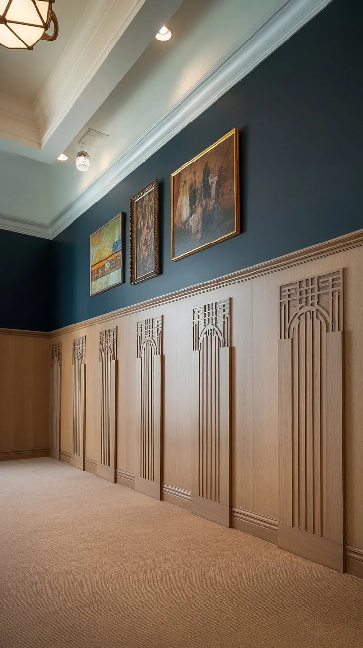 The perfect marriage of classic and contemporary. This entryway's high ceiling wainscoting, featuring art deco wainscoting in a warm beige, creates a dramatic yet inviting atmosphere.  Consider this a showcase of wainscoting for hallways and entryway wainscoting inspiration.  The wood wainscoting's half panel design is a testament to the versatility of wainscoting ideas.