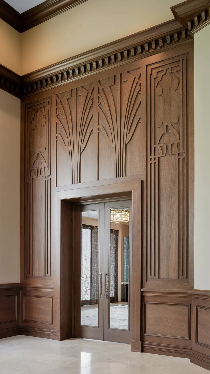 This foyer's captivating design features rich, dark brown wood wainscoting, a masterful example of art deco wainscoting. The half panel wainscoting, reaching the midpoint of the high ceiling, offers a wealth of wainscoting ideas for hallways and foyers.  The decorative wall trim adds a touch of sophistication, making it the perfect wainscoting for hallways and a stunning example of entryway wainscoting.  Let this inspire your next high ceiling wainscoting project.