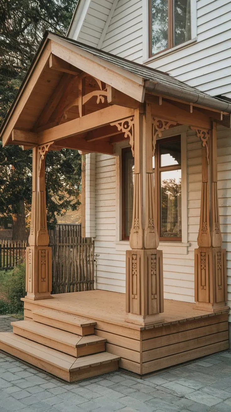 Charming Wooden Porch with Intricate Columns