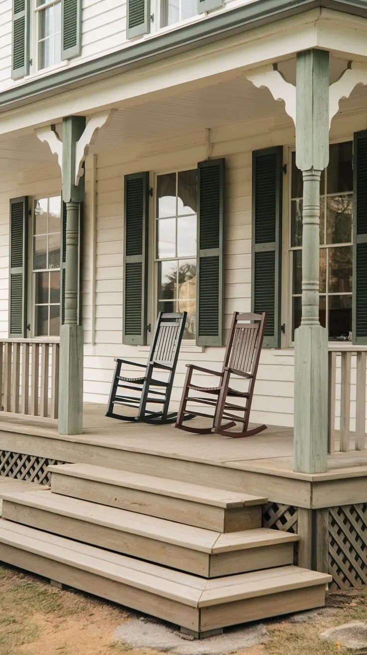 Charming Wooden Porch with Rocking Chairs and Decorative Posts