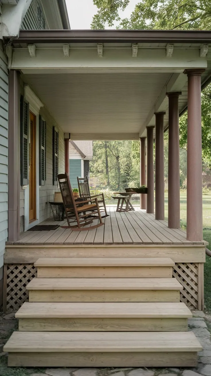 Charming Wooden Porch with Rocking Chair and Steps