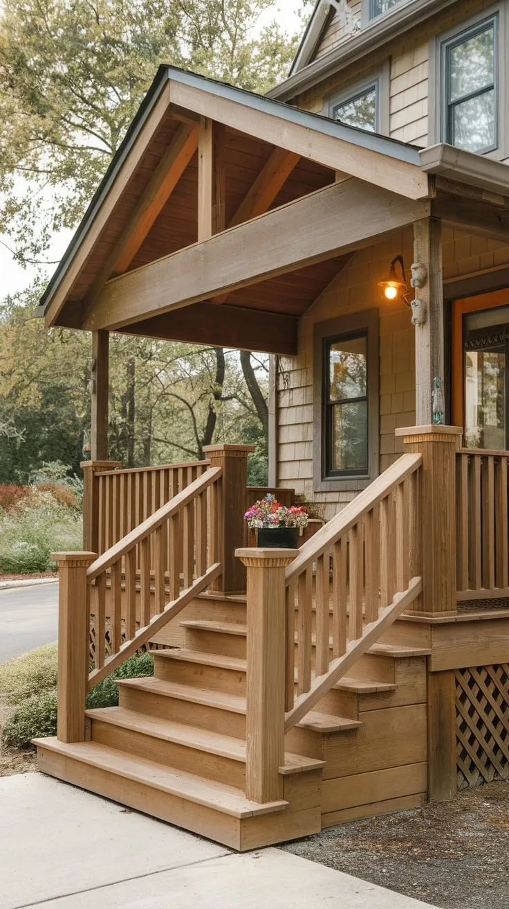 Charming Remodeled Wooden Front Porch with Steps and Decor