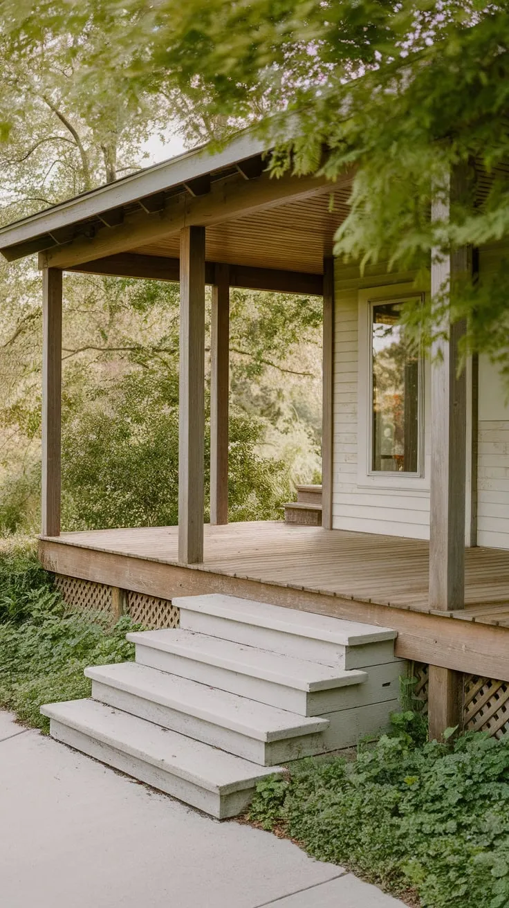 Charming Wooden Porch Surrounded by Lush Greenery