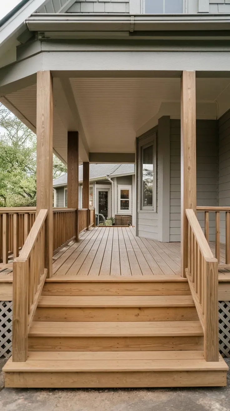 Serene Wooden Porch with Stylish Columns