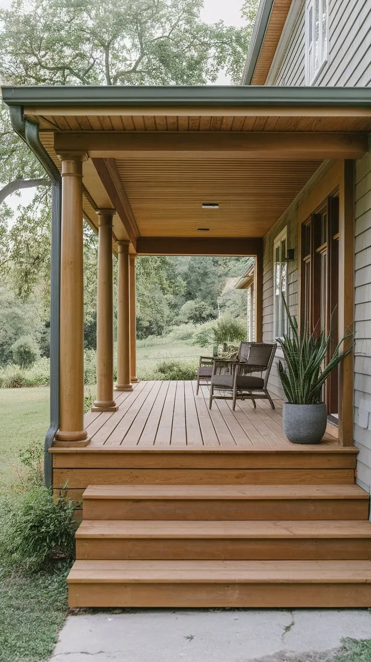 Charming Remodeled Wooden Porch with Lush Surroundings