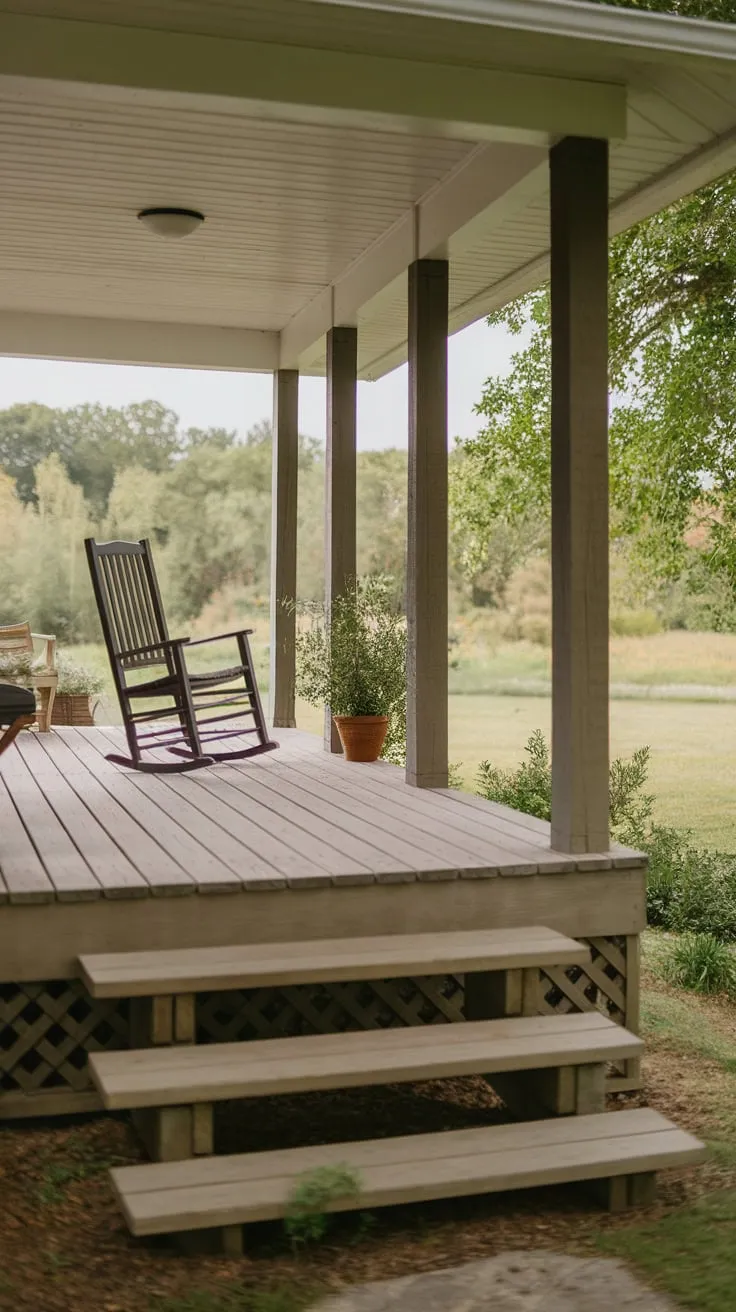 Serene Wooden Porch with Rocking Chair and Lush Views