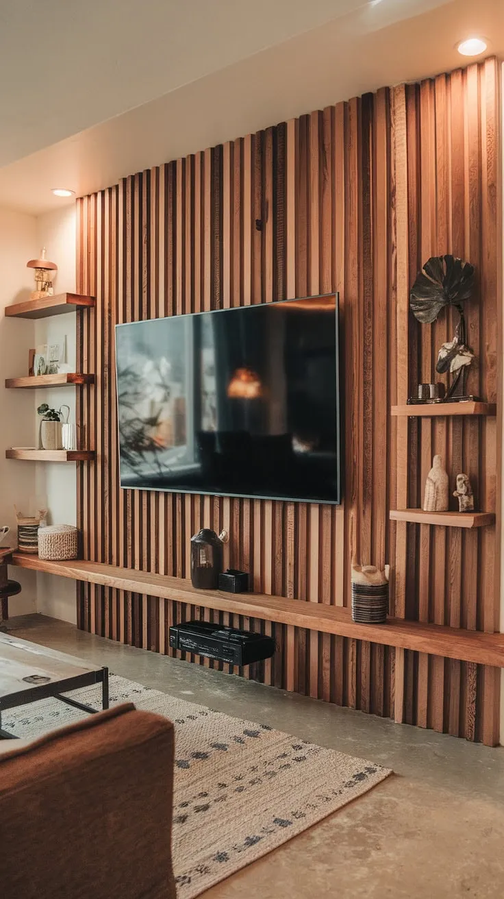 This feature wall living room is a testament to modern design. The eye-catching wooden TV wall, a true tv accent wall,  is crafted from rich wood slats and seamlessly integrates the TV into the space.  The wall behind tv is more than just a backdrop; it's a statement piece, complete with thoughtful tv wall decor.