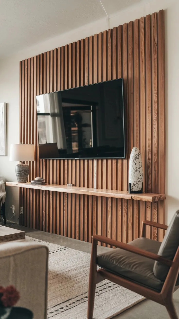 The wall behind tv isn't just a wall; it's a statement. This wood slat wall, a beautiful example of tv wall decor, elevates the entire room.  The wooden tv wall is the perfect blend of style and functionality, creating a captivating feature wall living room.