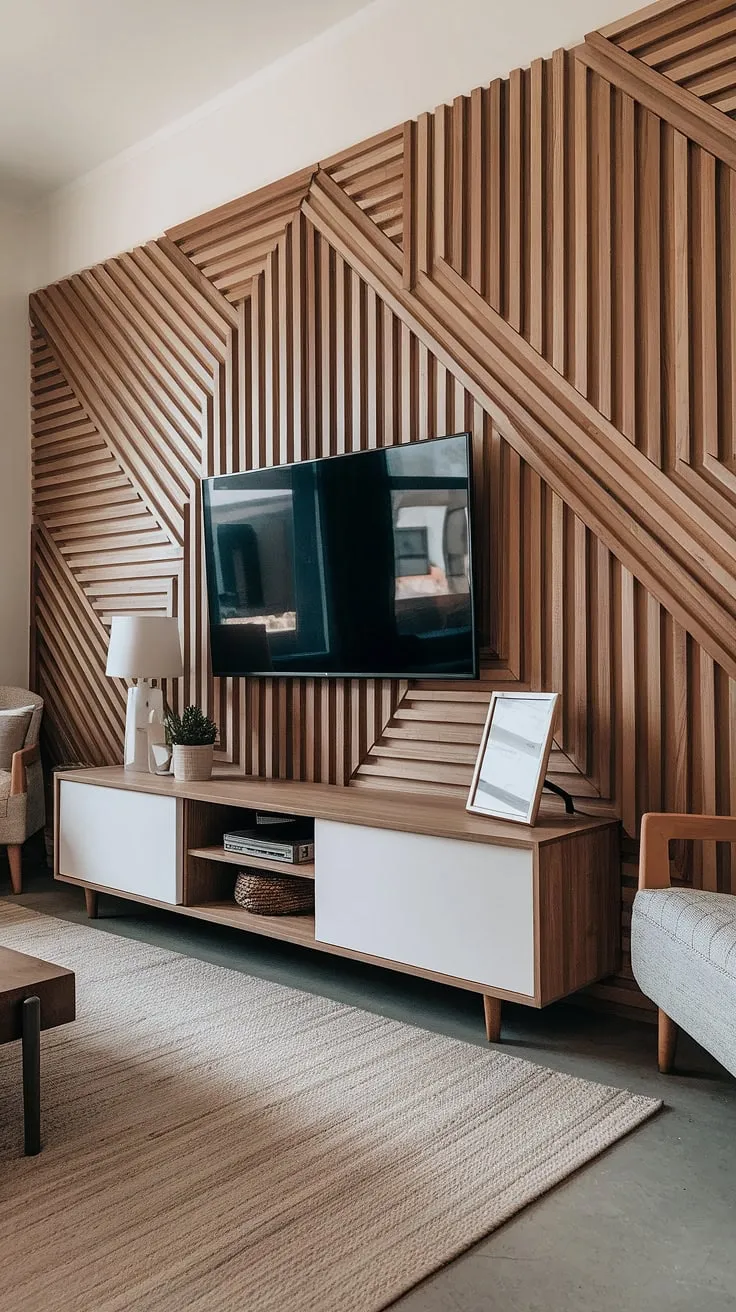 This wood slat wall transforms a simple living room into a sophisticated space. The wooden TV wall, a stunning example of TV accent wall design, anchors the room, while the white cabinet below adds a touch of clean modernity to the feature wall living room.  The overall effect is warm, inviting, and perfectly showcases the tv wall decor.