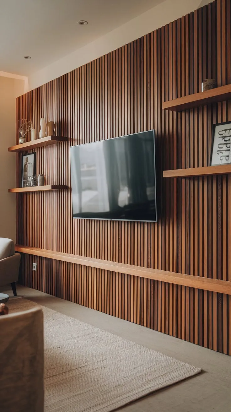 The warmth of the wood slat wall transforms this living room.  The wooden TV wall, a stunning feature wall living room centerpiece, provides the perfect backdrop for the TV and offers stylish tv wall decor with its built-in shelving.  The wall behind tv is more than just a surface; it's a statement.