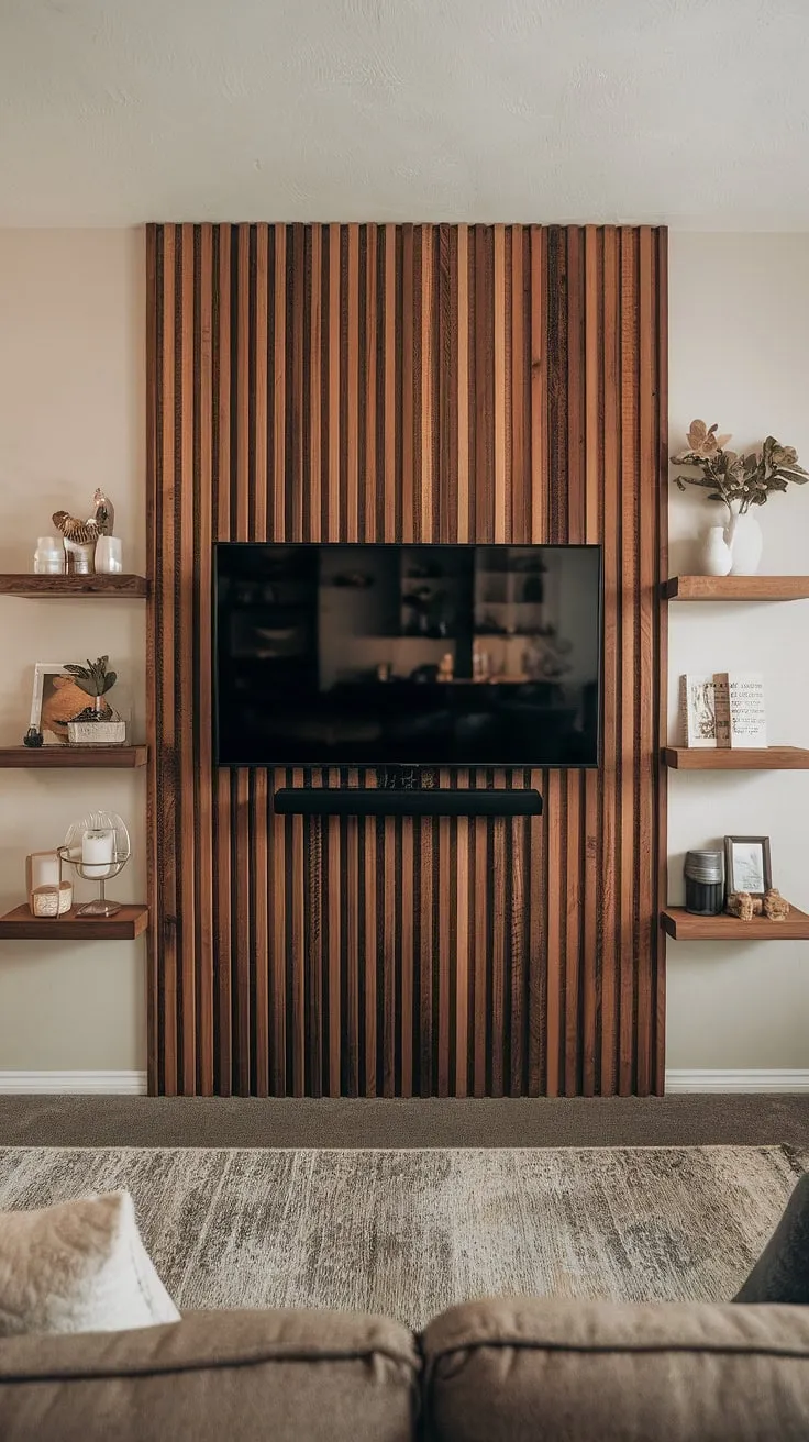This feature wall living room is the epitome of cozy sophistication. The stunning wooden TV wall, a masterpiece of wood slat wall design, elevates the space.  The wall behind the TV, complete with thoughtfully curated tv wall decor on flanking shelves, creates a focal point that's both functional and aesthetically pleasing.