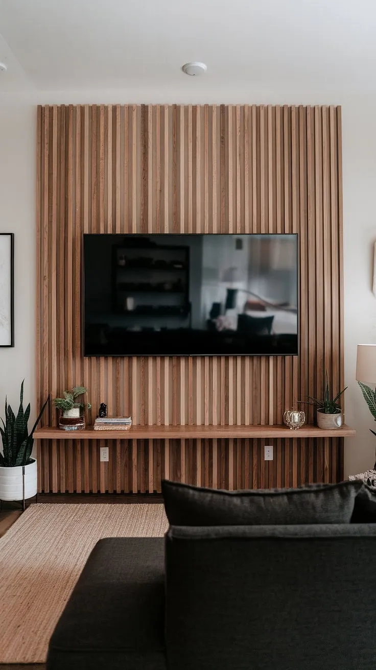 A modern living room transformed!  The wood slat wall serves as a captivating tv accent wall, adding texture and style. This wooden TV wall, the feature wall living room deserves, provides the perfect backdrop for the flat-screen TV, while the thoughtful tv wall decor completes the look.