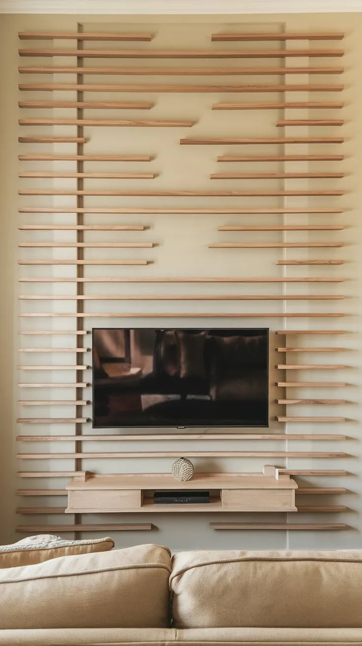 Warmth and style meet in this living room, where a stunning wood slat wall serves as the perfect tv accent wall.  The wooden tv wall adds texture and visual interest, creating a feature wall living room that's both modern and inviting.  The wall behind tv provides a unique backdrop, showcasing the tv wall decor beautifully.