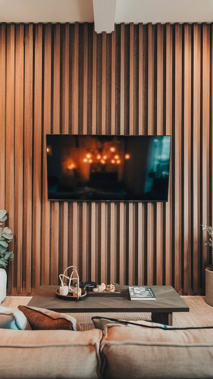 Warmth and texture meet modern technology in this living room, thanks to the stunning wood slat wall behind the TV.  This feature wall living room is the perfect blend of rustic charm and contemporary style, showcasing the beauty of the wooden TV wall and elevating the entire space with its unique tv wall decor.