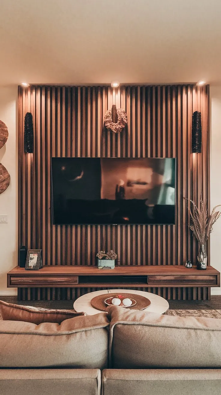 This feature wall living room is all about texture and sophistication.  The eye-catching wooden TV wall, crafted from rich wood slats, elevates the space.  The wall behind tv is now a design element, not just a backdrop, showcasing the perfect blend of functionality and aesthetic appeal with thoughtful tv wall decor.