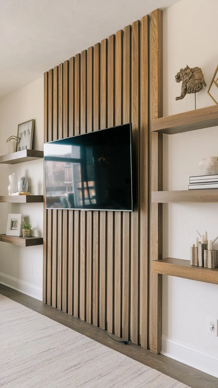 This feature wall living room is transformed with a stunning wooden TV wall. The light brown wood slat wall adds texture and depth, creating the perfect tv accent wall and showcasing the tv wall decor beautifully.  The floating shelves complete the look.