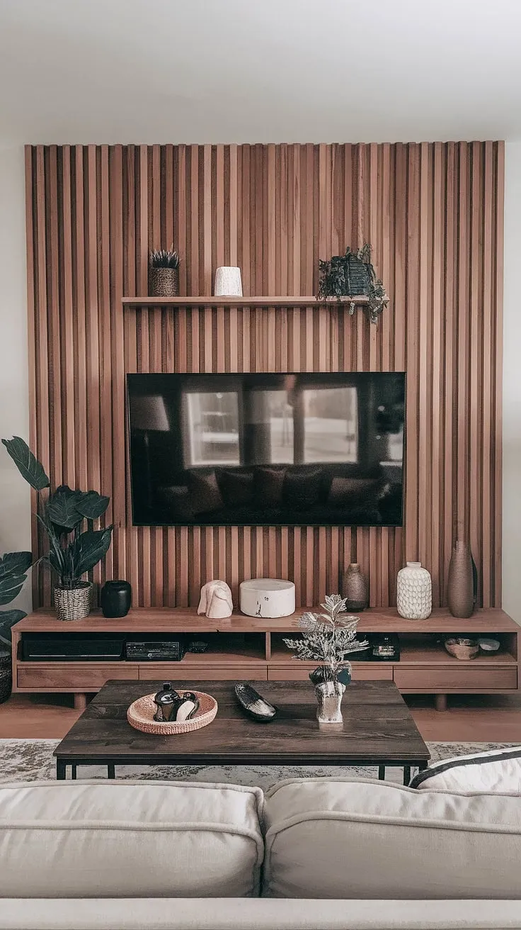 A simple yet striking wood slat wall transforms this living room. The wall behind the TV is now a focal point, showcasing the perfect blend of rustic charm and modern design with tasteful TV accent wall decor.