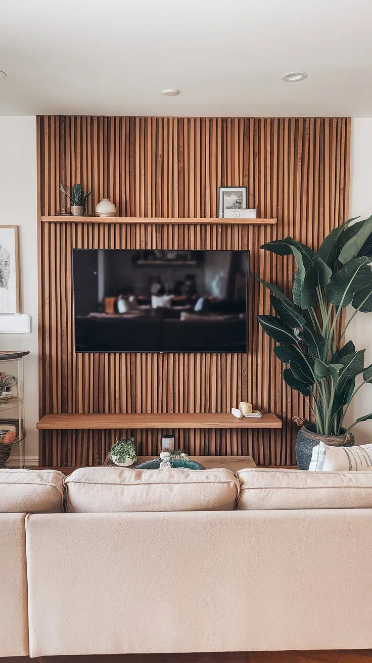 A captivating tv accent wall made of rich wood slats transforms this living room. The wall behind the TV is a showstopper, showcasing the beauty of natural wood and providing the perfect backdrop for the TV and decorative elements.  This wooden TV wall is the ultimate statement piece.