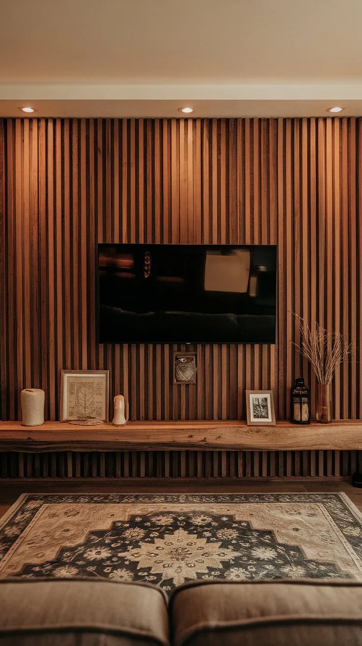 Warm lighting enhances the natural beauty of this wood slat wall, creating a stunning feature wall living room. The wooden TV wall, complete with tasteful TV wall decor, is the perfect backdrop for cozy evenings.  The wall behind the TV is a focal point, showcasing the unique texture and design.