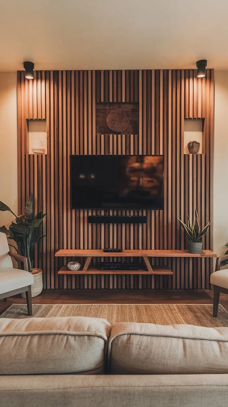 Warmth and style meet in this living room, where a stunning wooden TV wall takes center stage. The wood slat wall, acting as a feature wall living room, beautifully frames the TV and provides the perfect backdrop for tv wall decor, including a charming potted plant and wooden shelf.  This tv accent wall is the ultimate statement piece, transforming the wall behind tv into a design masterpiece.