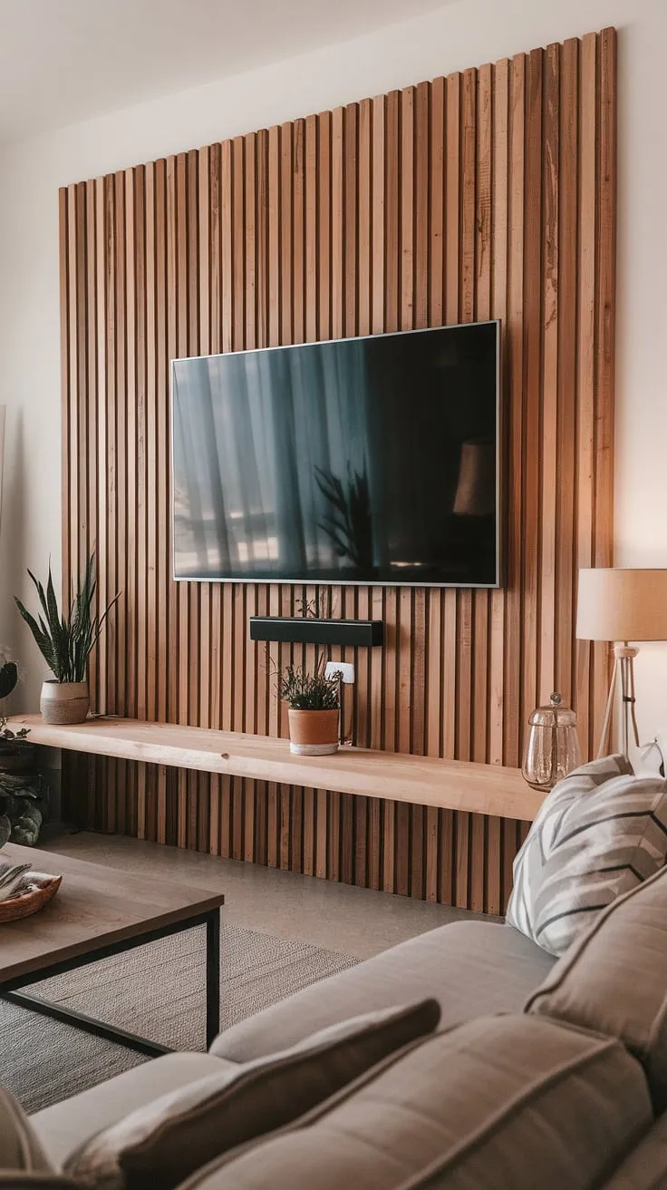 This feature wall living room is the perfect blend of style and functionality. The stunning wood slat wall, acting as a tv accent wall, elevates the space, while the wooden TV wall provides a unique backdrop for the mounted TV.  The carefully chosen tv wall decor, including the plant and lamp, adds warmth and personality.