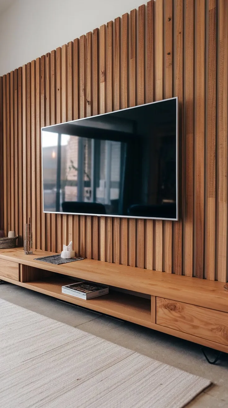 This feature wall living room is elevated by a stunning wooden TV wall. The wood slat wall behind the TV creates a warm and textured focal point, showcasing the perfect blend of rustic charm and modern elegance in this tv wall decor.  The simple wooden shelf below completes the look.