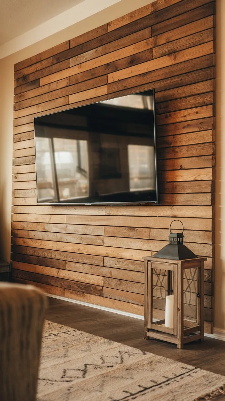 Warmth radiates from this feature wall living room, where a stunning wood slat wall anchors the space. The wooden TV wall, a true statement piece, showcases a sleek, mounted television, while the tv accent wall's texture adds depth and character.  A charming wooden structure with a lantern completes the tv wall decor, creating a cozy ambiance.