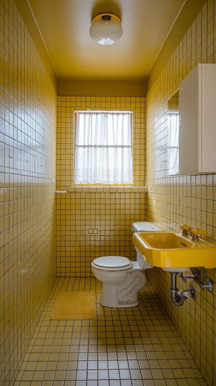 Step into sunshine with this stunning yellow tile bathroom. The vibrant yellow tiles and charming retro decor make this tiled bathroom a dream. Find your perfect yellow bathroom inspiration here.