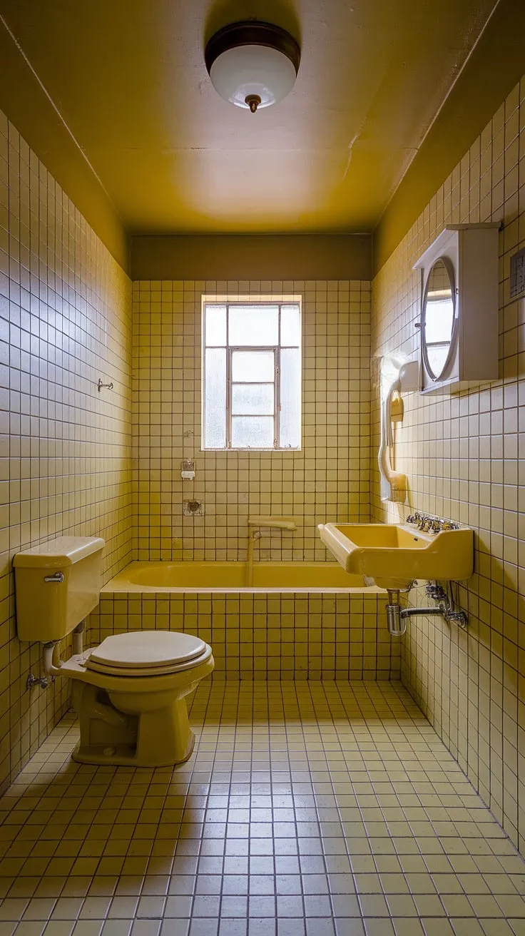 Bathed in sunshine: This yellow bathroom is a dream come true. The yellow tile bathroom boasts a stunning all-yellow scheme, with yellow tiles covering every surface. The yellow highlights add depth and character, while the white toilet offers a clean break. This retro decor is perfect for those seeking apartment bathroom inspiration. The overall effect is a joyful and nostalgic yellow bathrooms design.