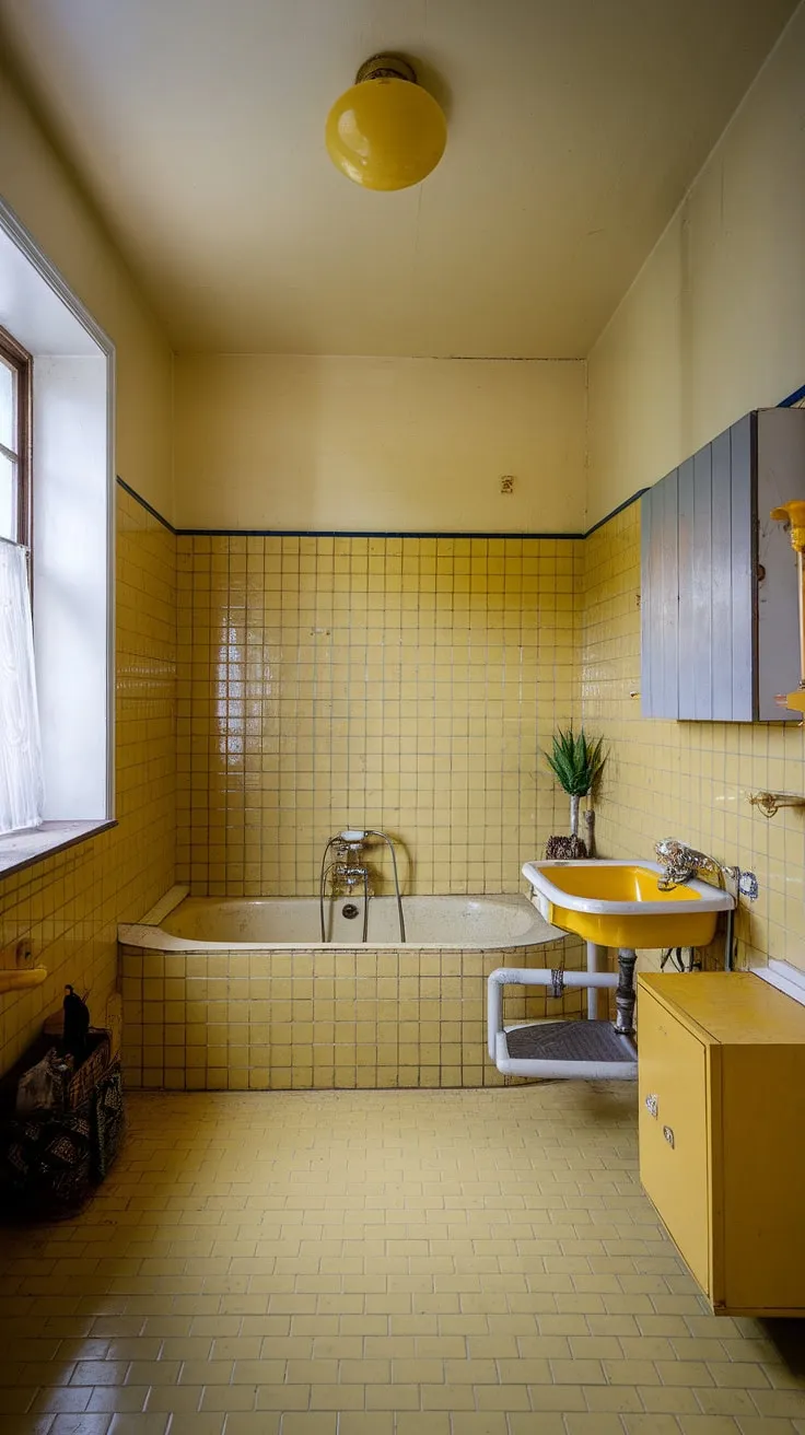 Step back in time with this cheerful yellow tile bathroom. The retro decor, complete with a vintage tub and yellow highlights on the cabinetry, creates a vibrant and playful atmosphere. This yellow tile bathroom is the perfect apartment bathroom inspiration, showcasing how yellow tiles can transform a small space. The sunny yellow tiles, white trim, and a touch of greenery make this tiled bathroom a delightful escape.