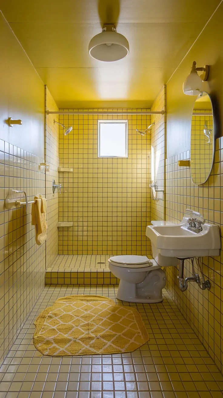 Sunshine soaked serenity: This yellow tile bathroom is retro decor perfection. The yellow highlights and tiled bathroom create a cheerful apartment bathroom inspiration.