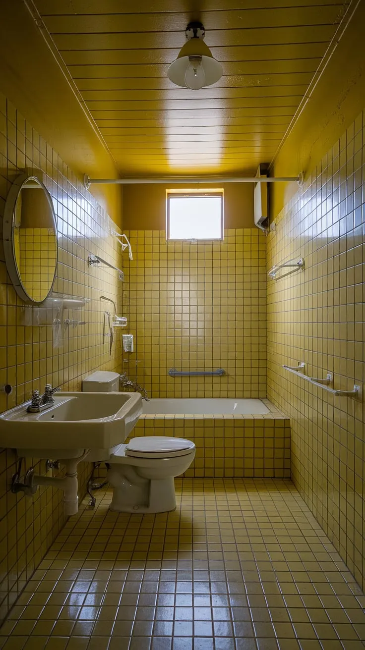 This yellow bathroom is a burst of sunshine! The yellow tiles create a stunning and unique tiled bathroom, showcasing the best of yellow bathrooms and retro decor. White accents on the sink, toilet, and towel rack provide a clean contrast against the vibrant yellow tile. This yellow tile bathroom offers plenty of apartment bathroom inspiration with its cheerful yellow highlights and overall design.