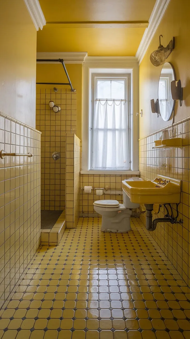 Sunshine soaked serenity. This yellow tile bathroom, with its retro decor and yellow highlights, offers the perfect apartment bathroom inspiration. A true yellow tile bathroom dream.