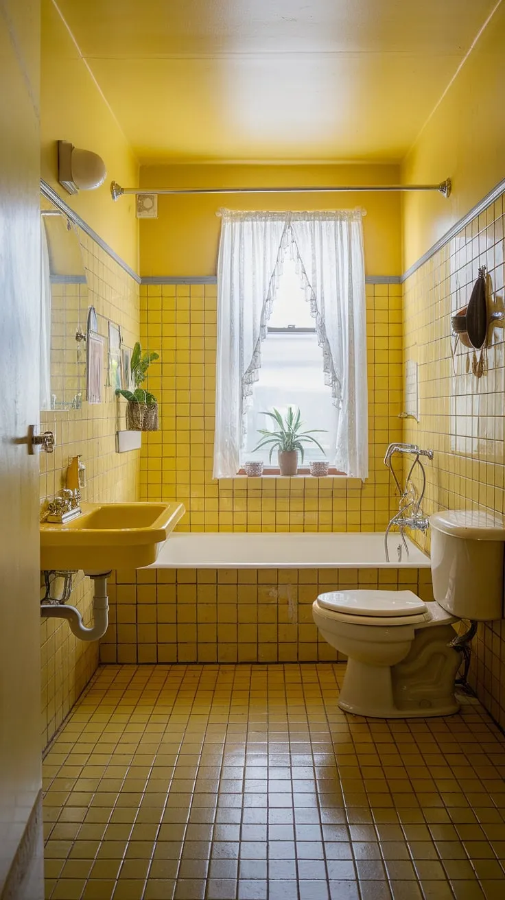Sunshine soaked and utterly charming, this yellow tile bathroom is retro decor dreams. Yellow highlights abound in this tiled bathroom, offering apartment bathroom inspiration for a cheerful space.