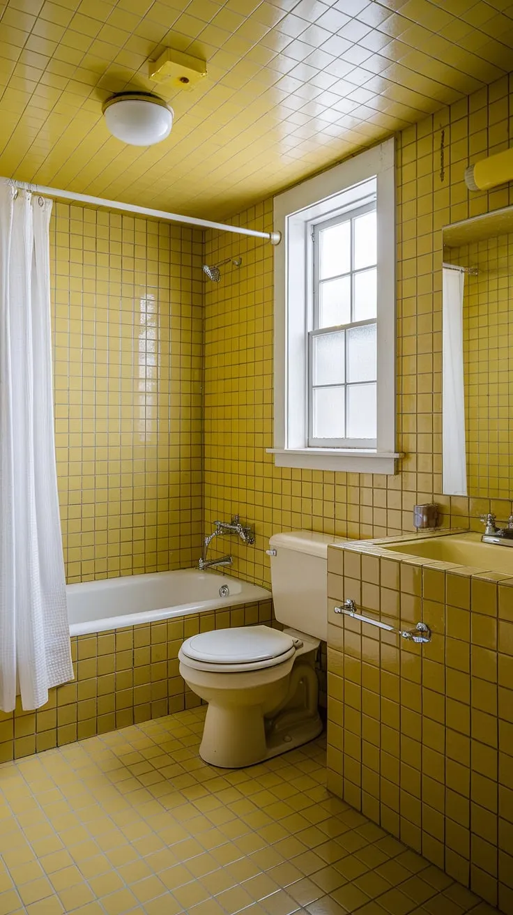Step back in time with this cheerful yellow tile bathroom. The sunshine-yellow tiles, from floor to ceiling, create a retro vibe perfect for apartment bathroom inspiration. Notice the yellow highlights in the fixtures and the charming white accents—a delightful example of bathroom decor and retro decor at its finest. This yellow tile bathroom is a testament to the enduring appeal of yellow bathrooms.
