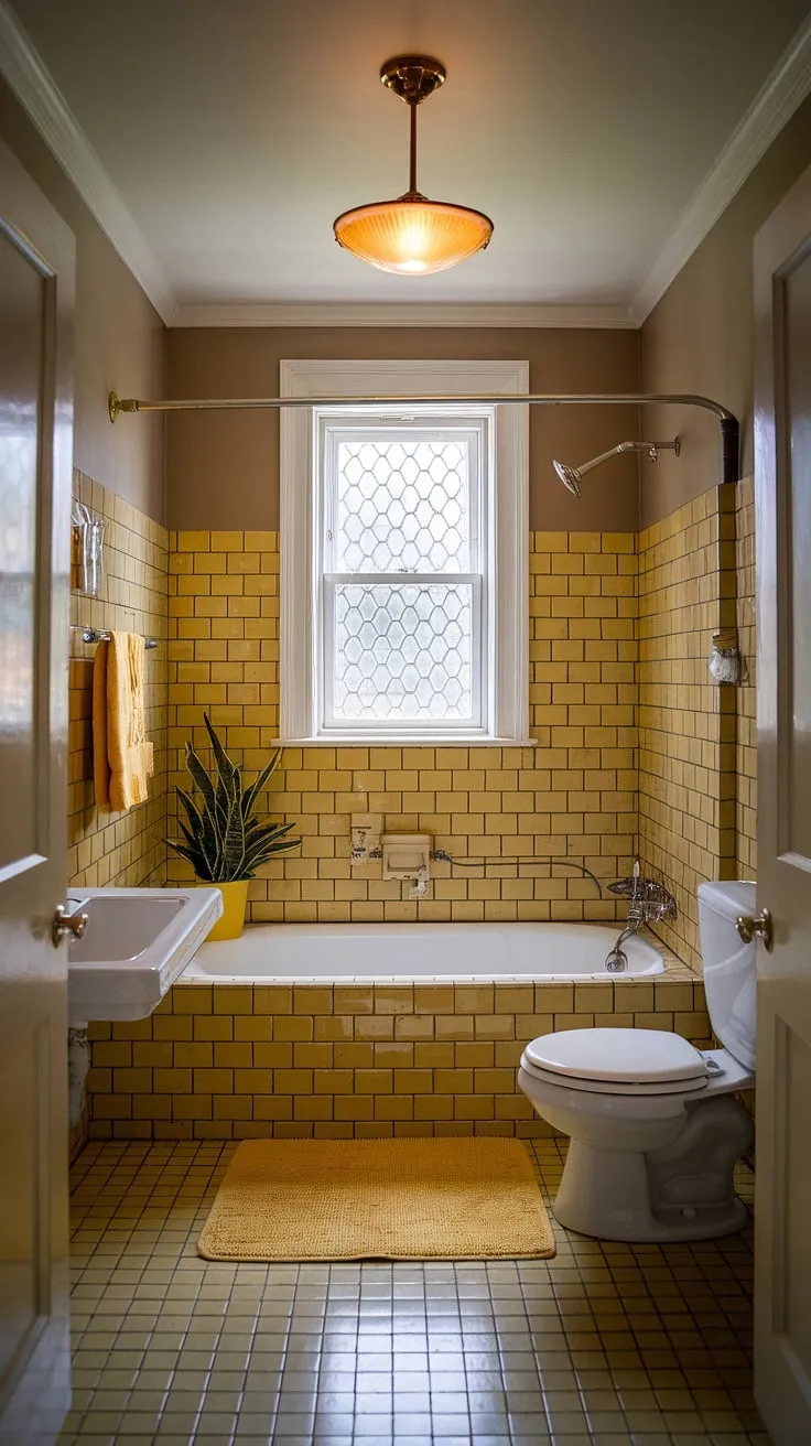 Step back in time with this sunshine-filled yellow tile bathroom. The yellow tiles, retro decor, and yellow highlights create a cheerful and unique bathroom decor, perfect for apartment bathroom inspiration.