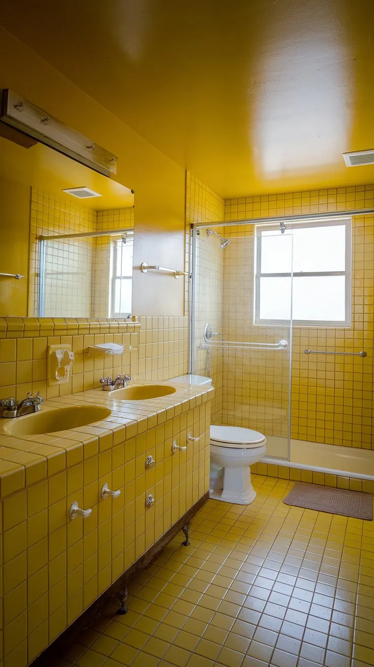 Step back in time with this cheerful yellow tile bathroom. The sunny yellow tiles, from floor to vanity, create a retro decor vibe perfect for apartment bathroom inspiration. Yellow highlights on the fixtures and towel rack add pops of brightness against the white toilet and shower, showcasing the charm of yellow bathrooms.