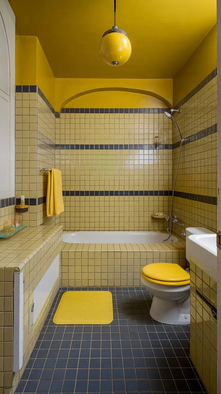 This yellow tile bathroom is pure 70s bliss! From the sunny yellow tiles to the perfectly placed yellow highlights, this tiled bathroom is a burst of retro decor and yellow bathroom inspiration.