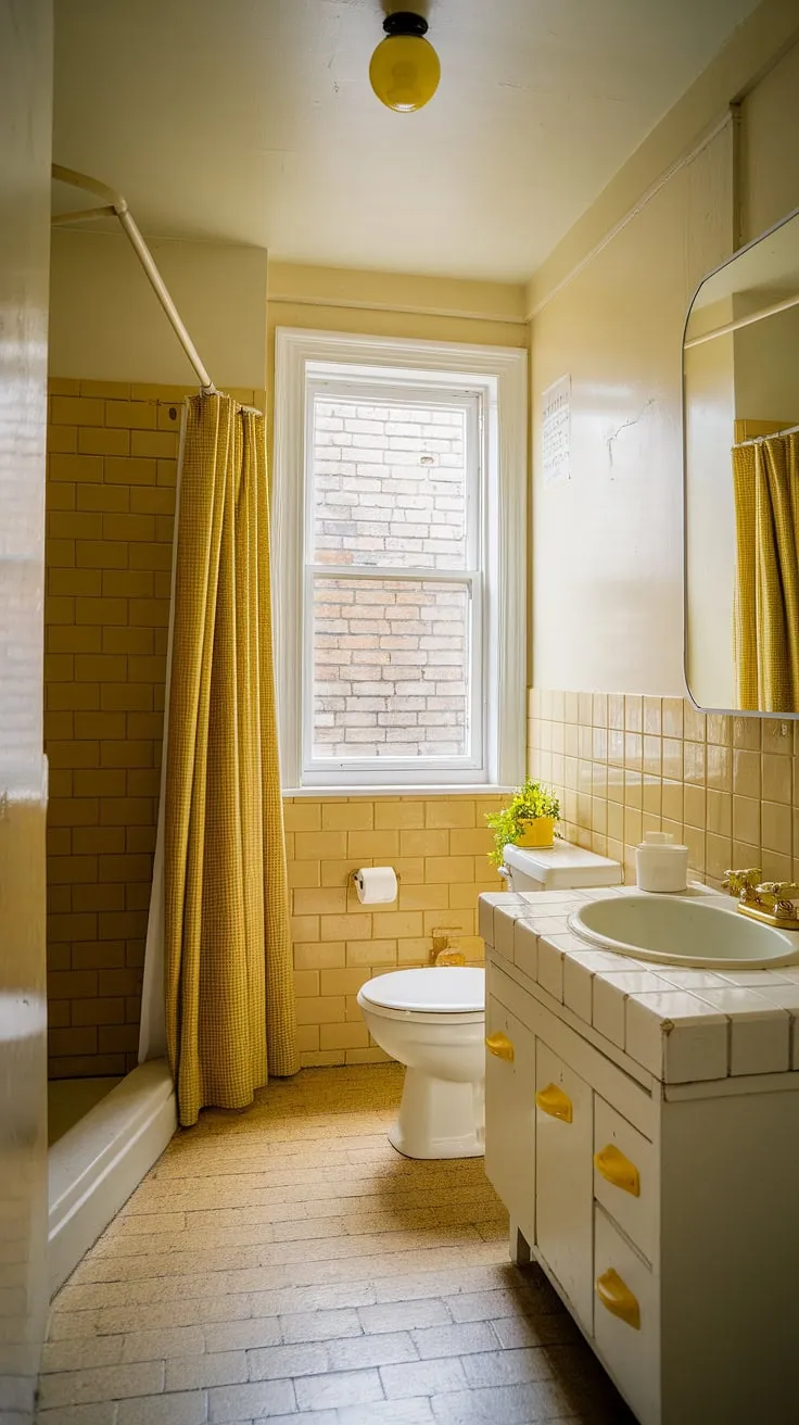 Sunshine streams into this cheerful yellow tile bathroom, its retro decor perfectly complemented by the yellow highlights on the fixtures and cabinetry. The yellow tiles create a warm and inviting atmosphere, offering apartment bathroom inspiration with its charming mix of vintage and modern elements. A peek through the window reveals a glimpse of brick, adding an unexpected touch to this delightful tiled bathroom.
