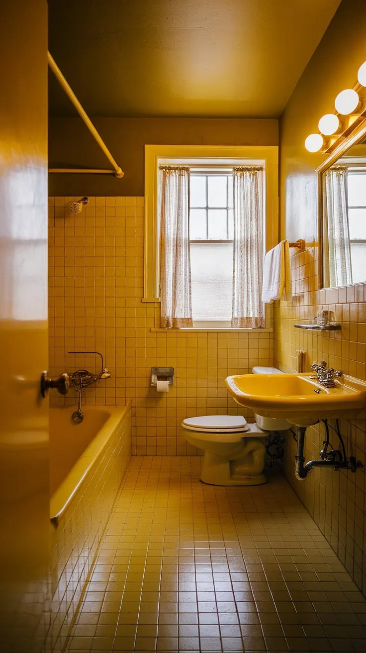 Bathed in sunshine, this yellow bathroom is a dream come true. The yellow tiles create a stunning tiled bathroom, with every surface – from the sink to the floor – gleaming with yellow highlights. This retro decor is perfect for anyone seeking apartment bathroom inspiration. The white toilet provides a crisp contrast against the vibrant yellow, while the vintage shower curtain adds a touch of nostalgia. This yellow tile bathroom is a testament to the enduring style of yellow bathrooms and yellow tile.