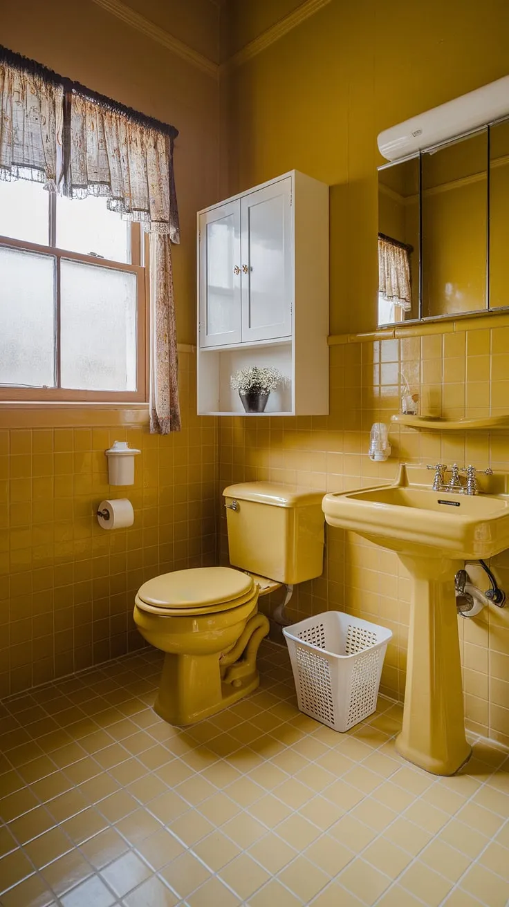 Step back in time with this cheerful yellow tile bathroom. The sunshine-yellow tiles, from floor to walls, create a vibrant and retro atmosphere. White accents on the cabinet and basket provide a perfect contrast, while the window adds a touch of natural light. This yellow bathroom is a perfect example of retro decor and offers fantastic apartment bathroom inspiration. The yellow highlights throughout the space truly make this tiled bathroom a unique and joyful retreat.