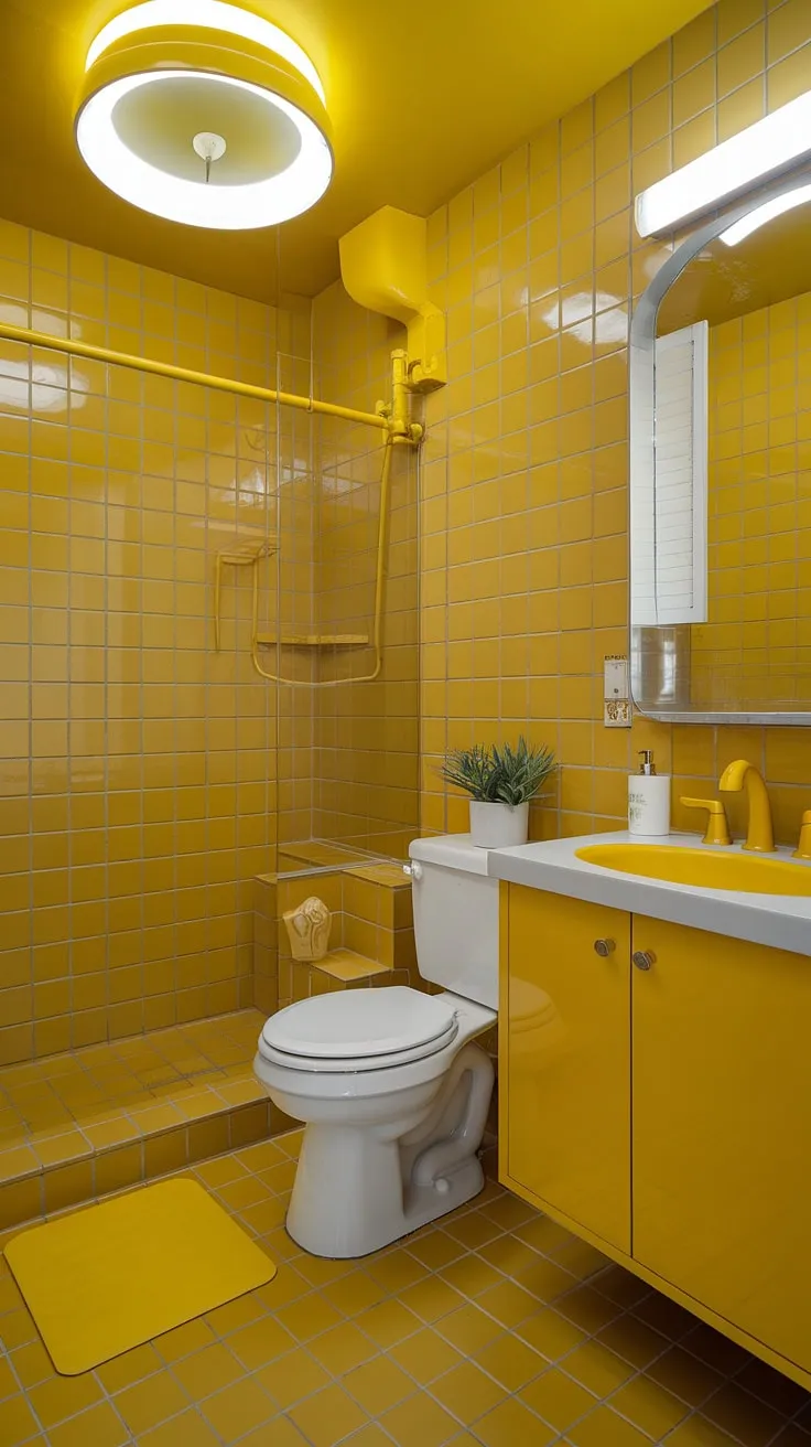 Step into sunshine with this vibrant yellow bathroom. Yellow tile bathroom goals achieved with retro decor and a splash of yellow tile.