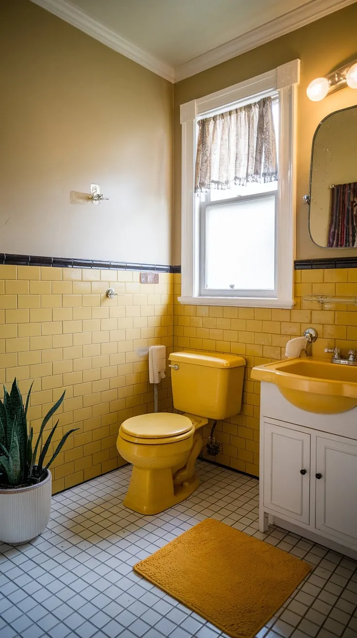 Step into sunshine: This yellow bathroom, with its cheerful yellow tiles and vintage charm, offers the perfect blend of retro decor and tiled bathroom elegance. Yellow bathrooms don't get much better than this.