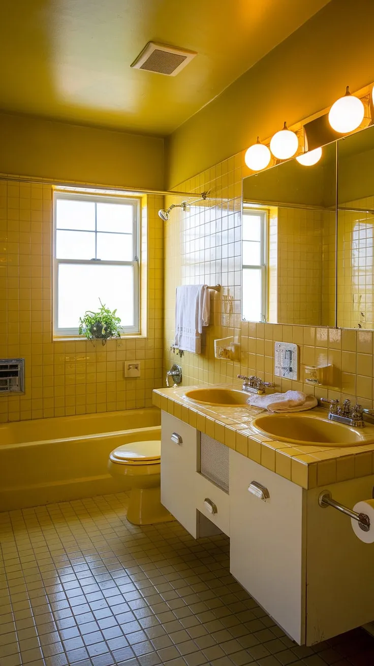 Bathed in sunshine, this yellow tile bathroom is a retro dream. The cheerful yellow tiles, from the tub to the floor, create a vibrant space, complemented by a white vanity and pops of green. This yellow highlights the unique bathroom decor, offering apartment bathroom inspiration for a truly sunny and stylish space. The warm lighting enhances the overall retro feel, making it the perfect example of a well-designed yellow bathrooms.