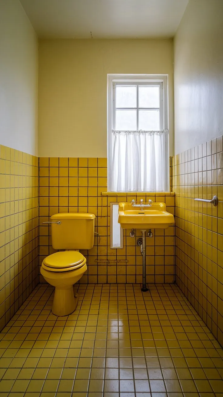 Bathed in sunshine, this yellow tile bathroom is a retro dream. The cheerful yellow tiles, from the floor to the fixtures, create a vibrant space, complemented by white walls and simple retro decor. The yellow highlights add a touch of playful whimsy, making it the perfect apartment bathroom inspiration. This tiled bathroom proves that yellow bathrooms can be both stylish and functional.