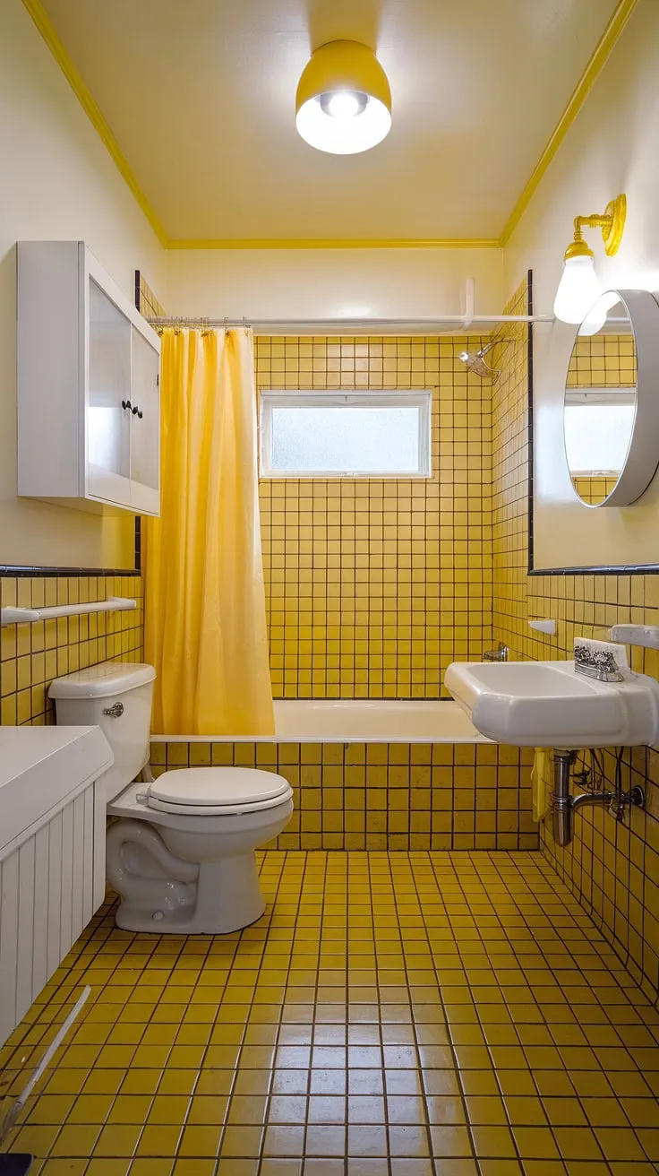 Sunshine soaked serenity: This yellow tile bathroom is retro decor goals. The yellow tiles and yellow highlights create a cheerful, apartment bathroom inspiration.