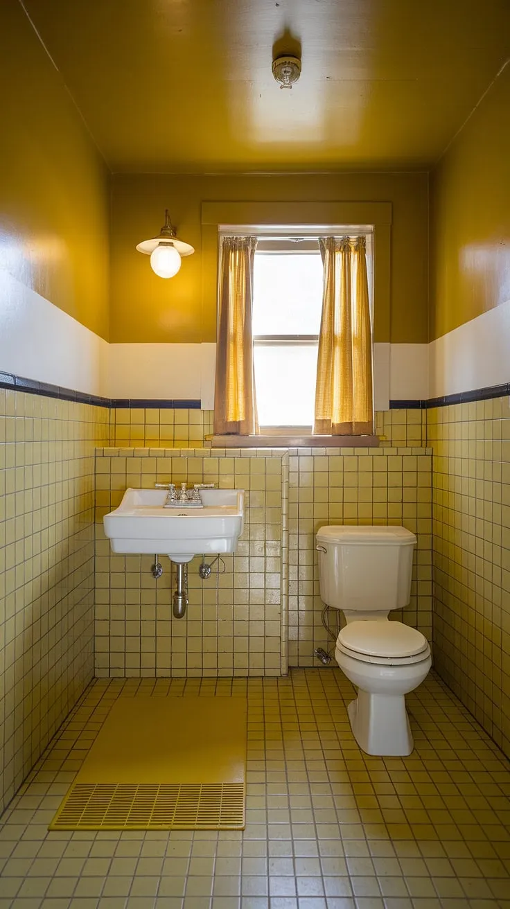 Step back in time with this cheerful yellow tile bathroom. The sunshine-yellow walls, floor, and ceiling, accented with white fixtures and yellow highlights, create a retro decor dream. This tiled bathroom is brimming with vintage charm, offering apartment bathroom inspiration for a truly unique space. The yellow tiles and yellow tile bathroom design are perfectly complemented by the yellow curtains and coordinating bath mat.