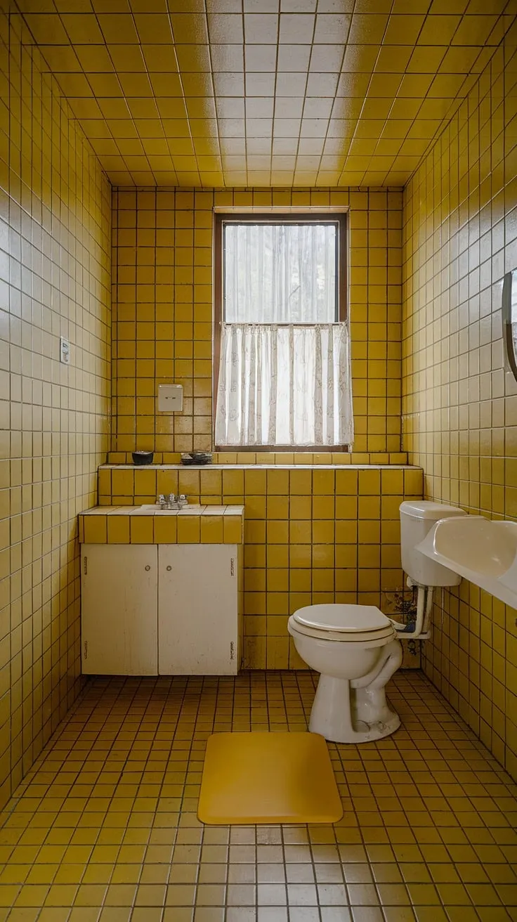 Sunshine soaked serenity. This yellow tile bathroom, with its retro decor and cheerful yellow highlights, is pure apartment bathroom inspiration. The yellow tiles create a truly unique tiled bathroom.